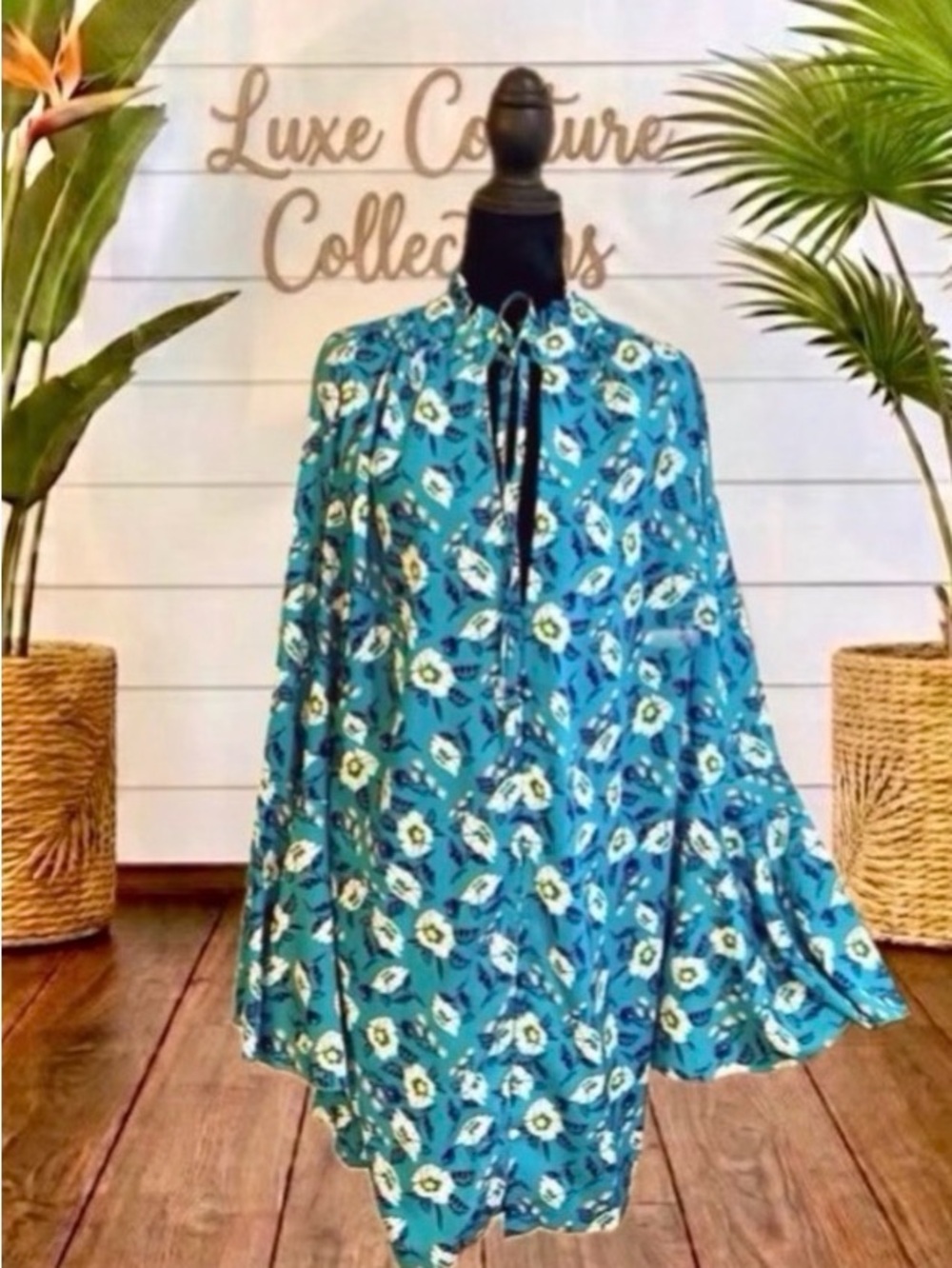 Daisy Floral Huge Bell Sleeve Tie Neck Dress